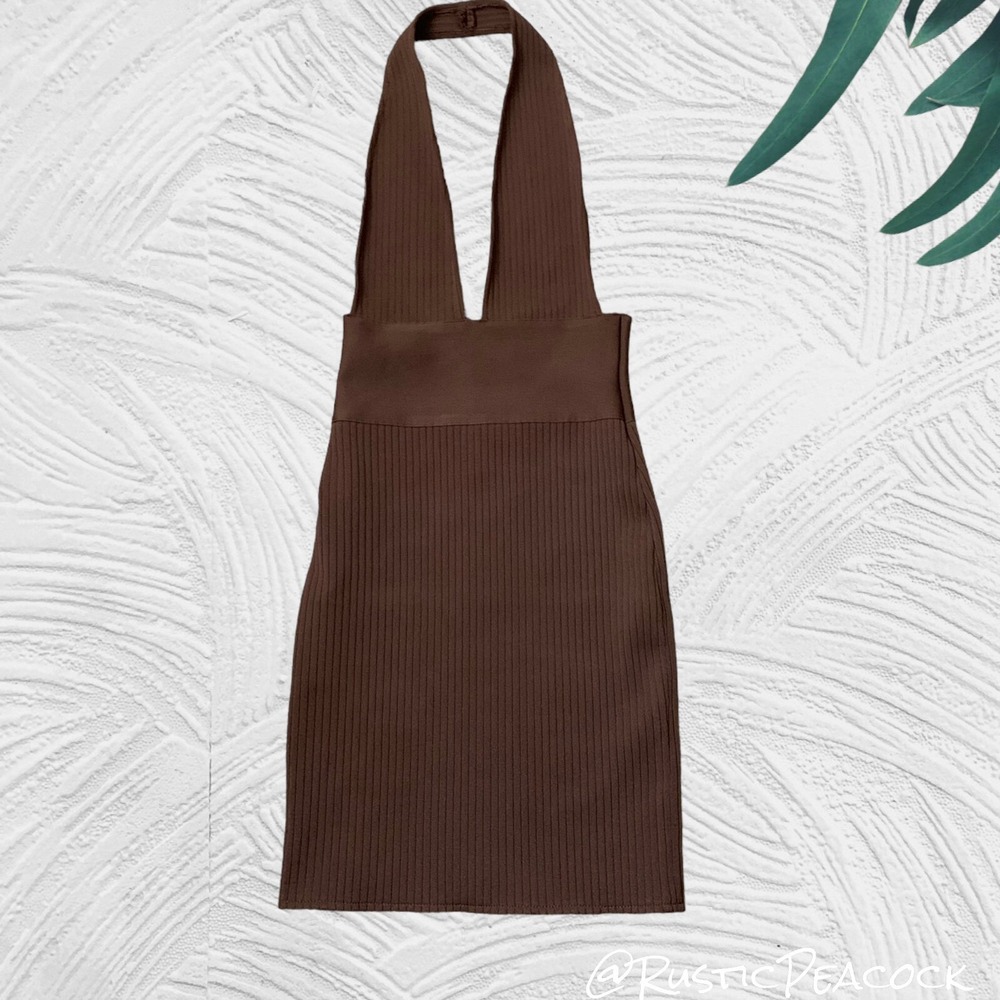 My Outfit Online Bodycon Halter Dress Womens Small Brown Ribbed Stretchy Zip Up